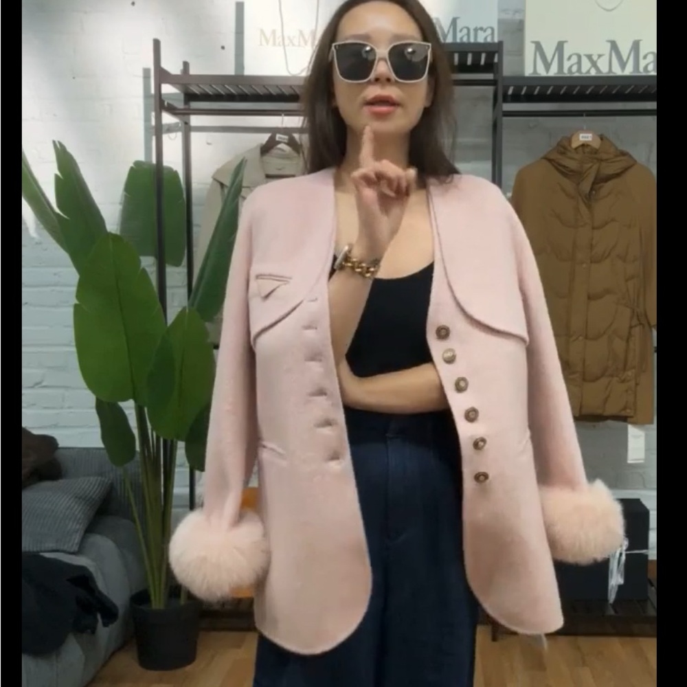 ✅Cashmere Jacket with Real Fox Fur Cuffs, Pale Pink Sz S